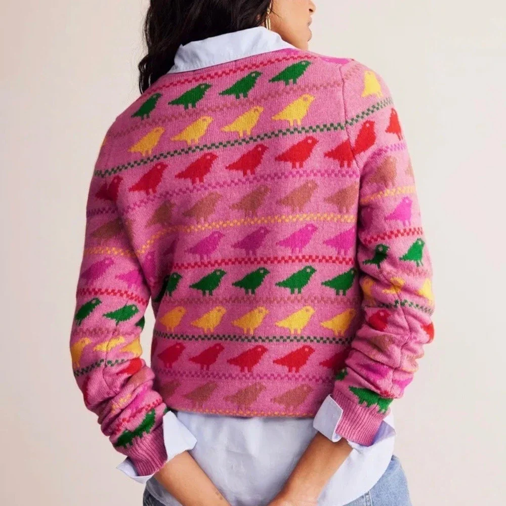 Boden Edie Fair Isle Sweater Pink Colorful Bird Animal Print Crew Neck Jumper - Picture 14 of 15